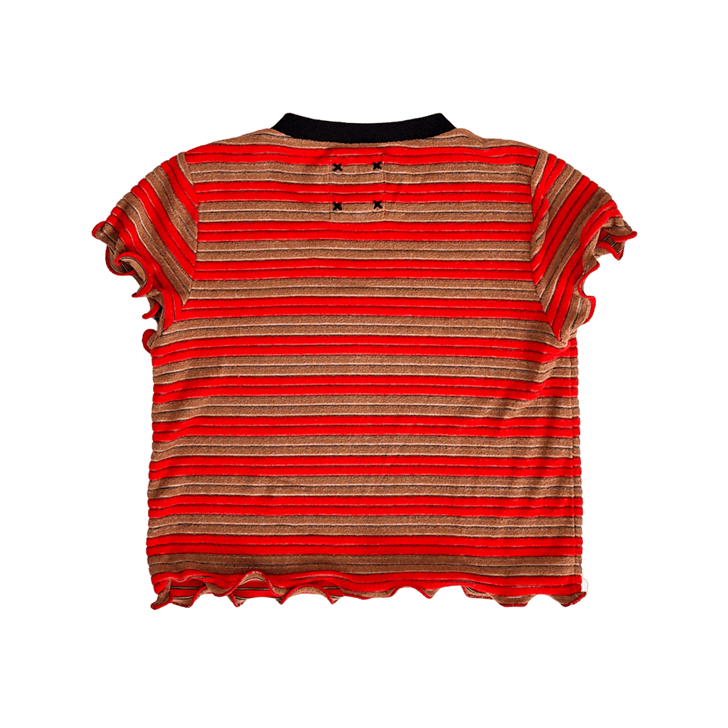 Hey Kid T-shirt Jellybeanzkids Hey Kid Red & Brown Striped Terry Top with Ruffled Edges