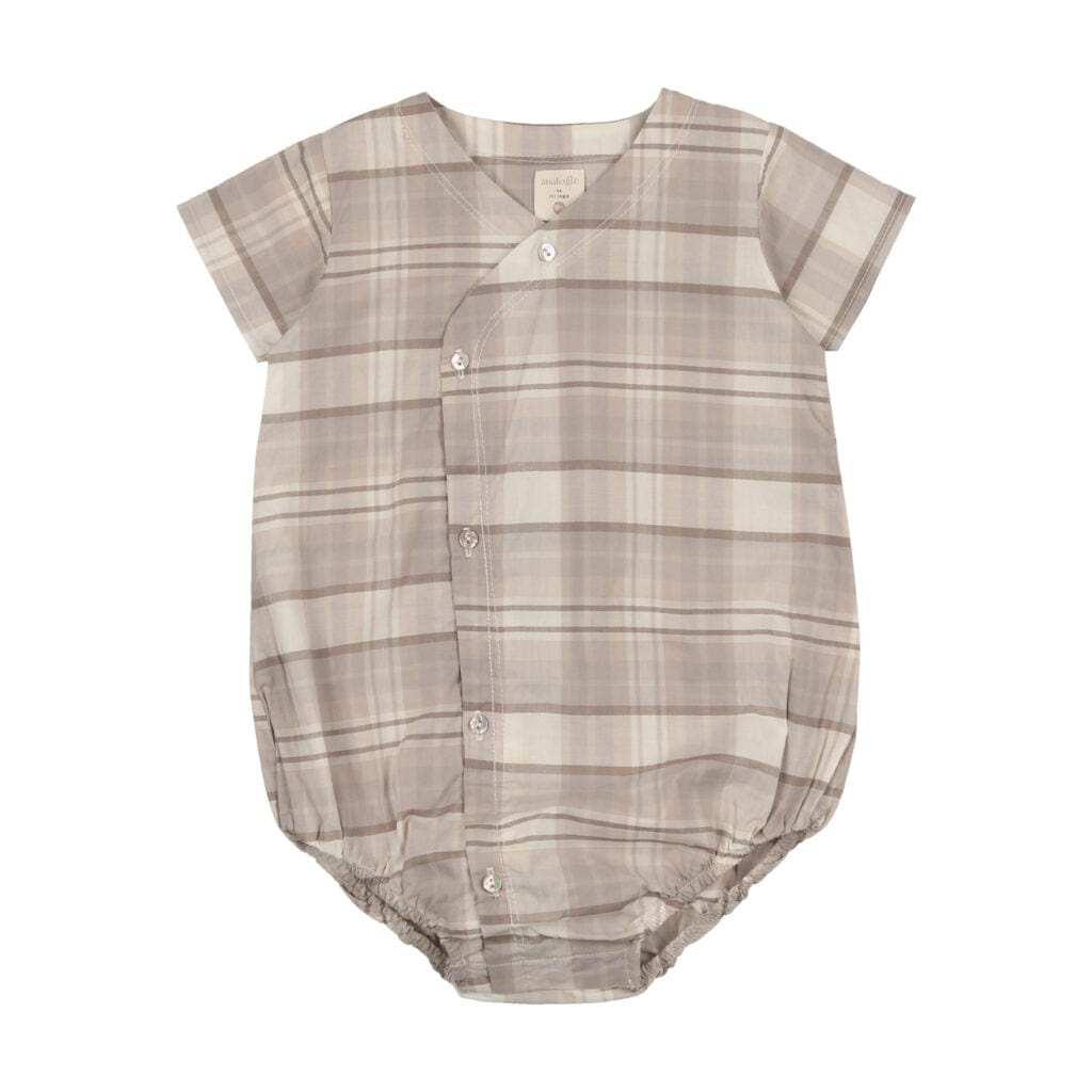 Analogie by Lil Legs Romper Jellybeanzkids Analogie Side Button Romper-Taupe Plaid