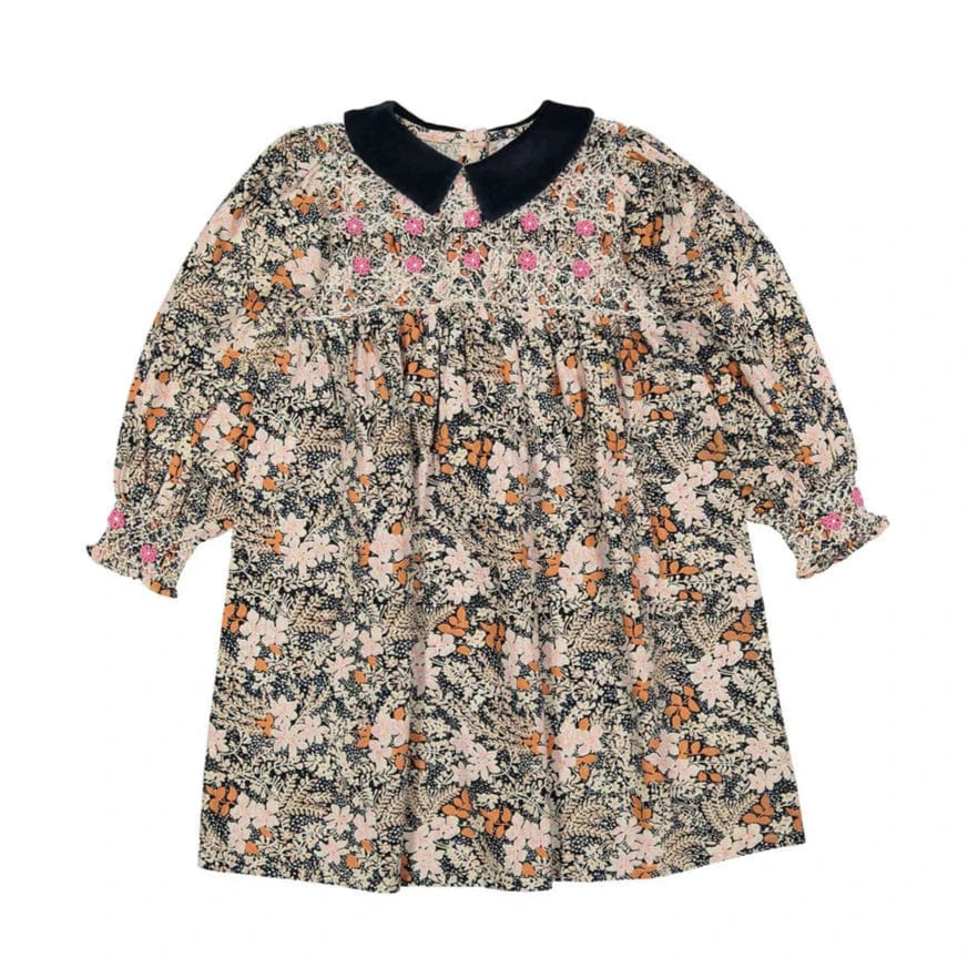 Bebe Organic dress Jellybeanzkids Bebe Organic Elora Special Dress- Fall Blooms BLUE VELVET COLLAR
