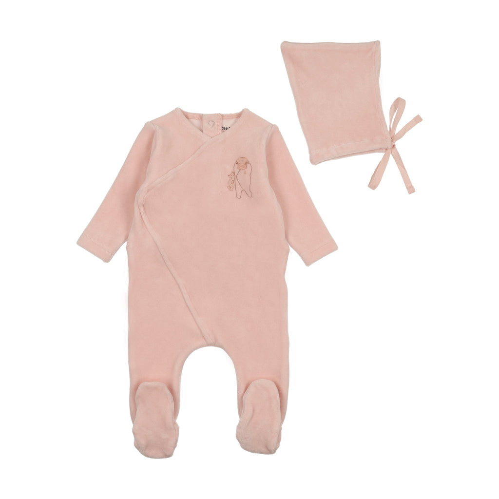 Bee&Dee Footie Jellybeanzkids Bee & Dee Baby Wrap Velour Footie and Pointy Bonnet -Pink Sugar
