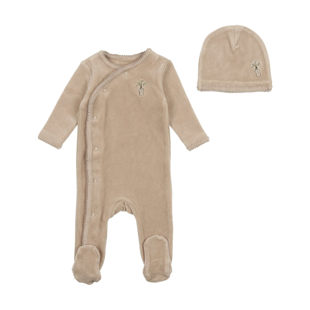 Bee&Dee Footie Jellybeanzkids Bee & Dee Velour Embroidered Edge Footie with Beanie- Pure Cashmere
