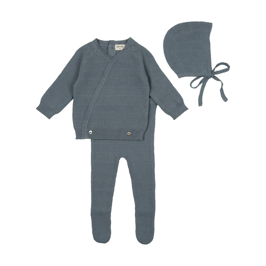 Bee&Dee Set Jellybeanzkids Bee & Dee Pointelle Knit 2 Piece Oufit With Bonnet- Storm Blue