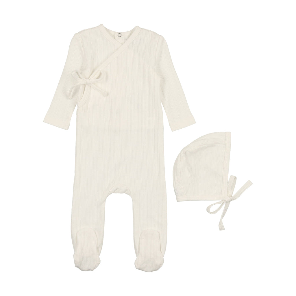 Coco Blanc Footie Jellybeanzkids Coco Blanc Side Tie Pointelle Footie with Bonnet- Ivory
