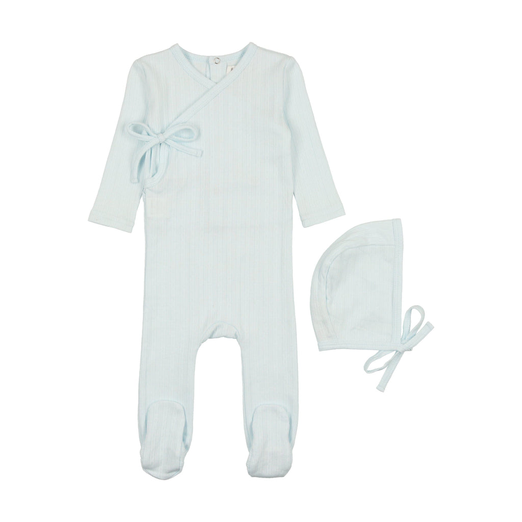 Coco Blanc Footie Jellybeanzkids Coco Blanc Side Tie Pointelle Footie with Bonnet- Pale Blue