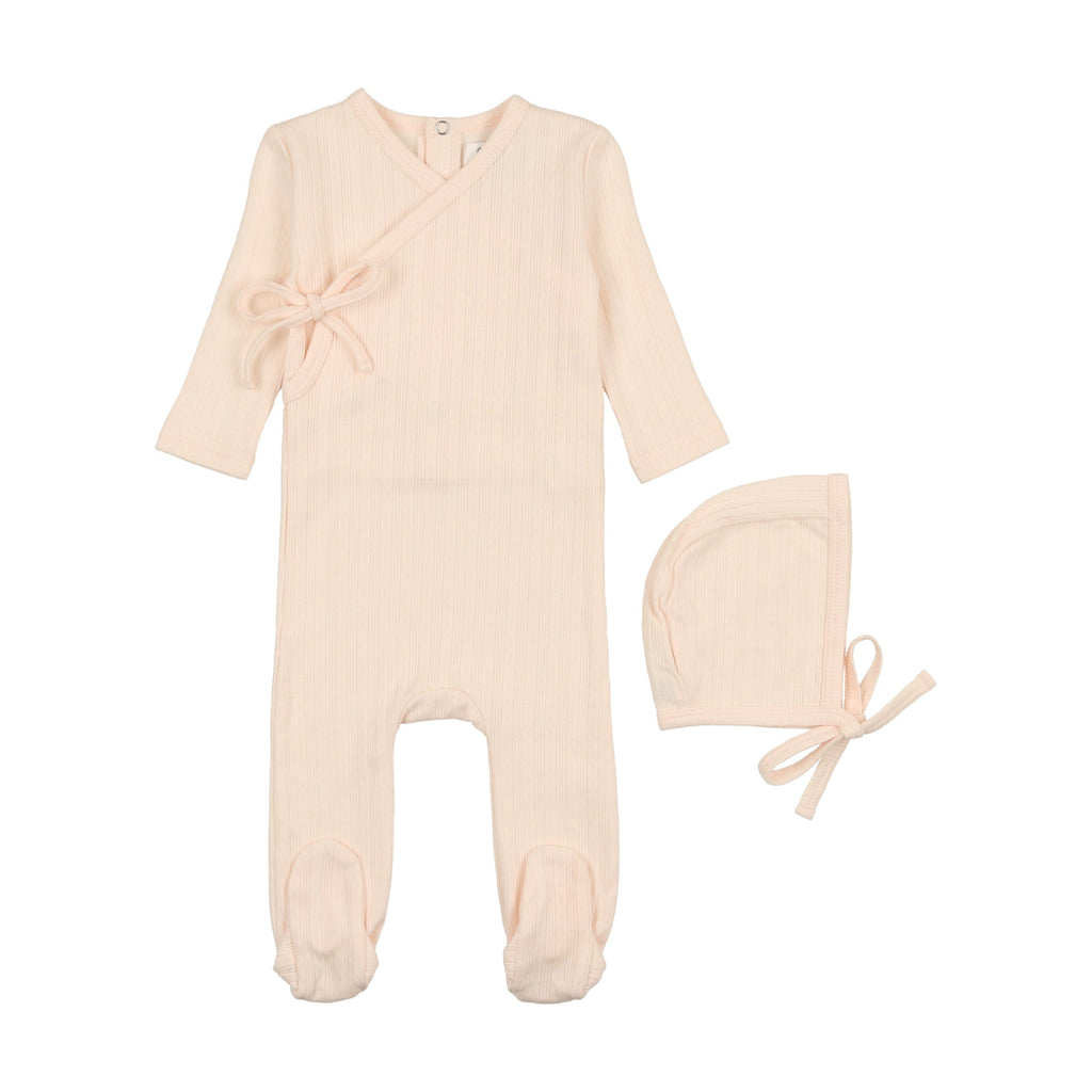 Coco Blanc Footie Jellybeanzkids Coco Blanc Side Tie Pointelle Footie with Bonnet- Pale Pink