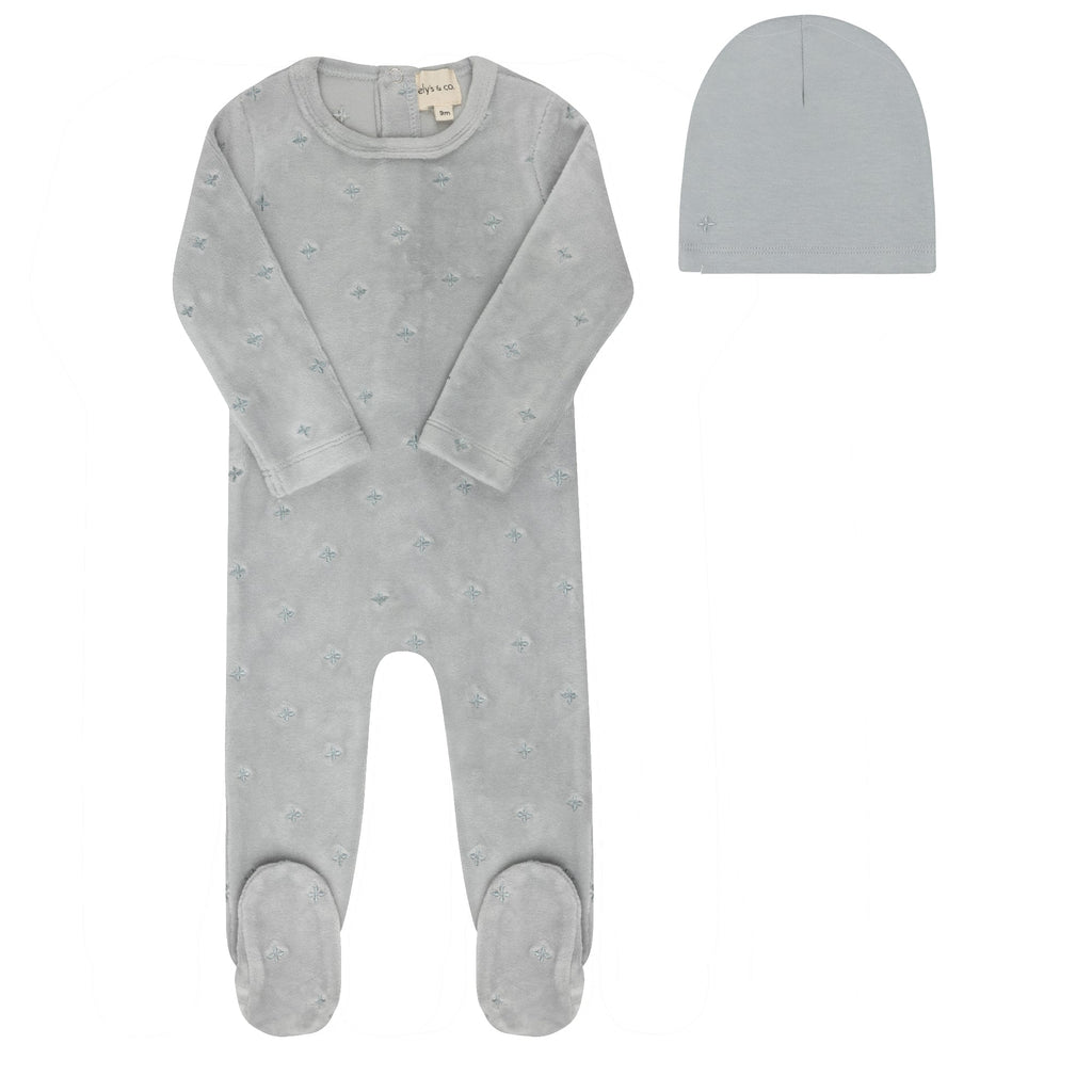 Ely's&Co. Footie Jellybeanzkids Ely's  Velour Embroidered Floral Footie + Beanie -Blue