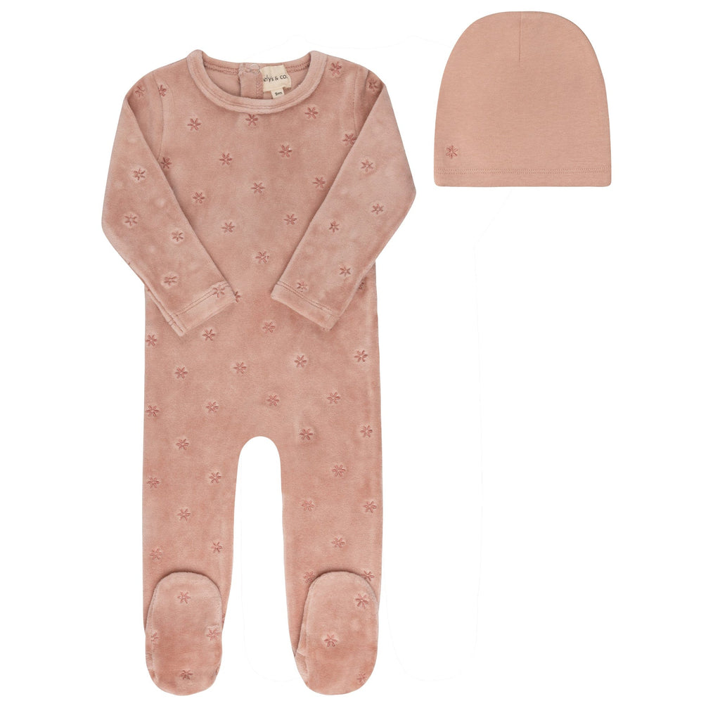 Ely's&Co. Footie Jellybeanzkids Ely's Velour Embroidered Floral Footie + Beanie -Pink