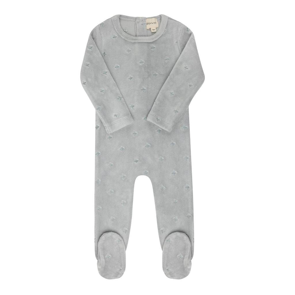 Ely's&Co. Footie Jellybeanzkids Ely's Velour Embroidered Floral Footie- Blue