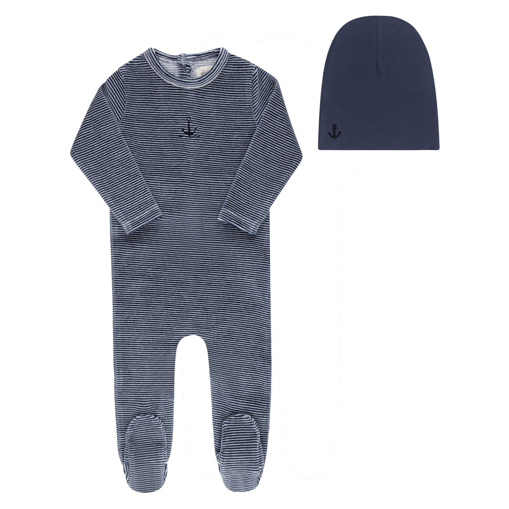 Ely's&Co. Footie Jellybeanzkids Ely's  Velour Stripe Foootie + Bonnet -Dark Blue