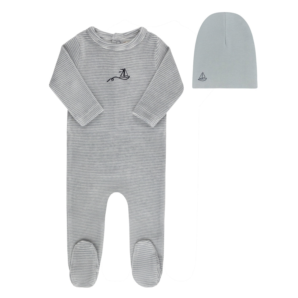 Ely's&Co. Footie Jellybeanzkids Ely's Velour Stripe Footie + Beanie -Light Blue