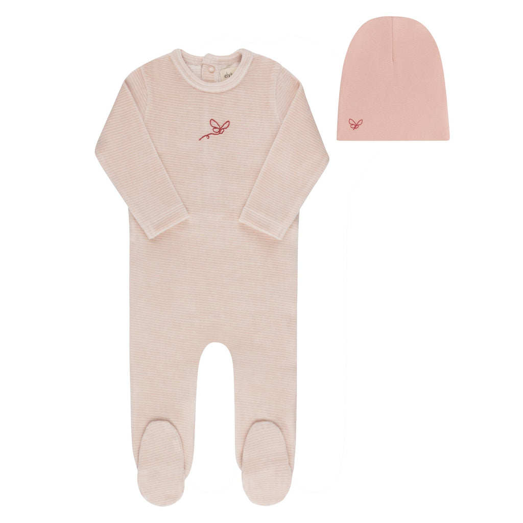 Ely's&Co. Footie Jellybeanzkids Ely's Velour Stripe Footie + Beanie -Light Pink