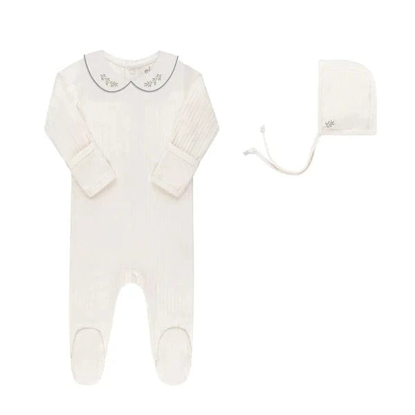 Ely's&Co. footie Jellybeanzkids Elys Cotton Wide Rib Embroidered Footie with Bonnet- Ivory/Blue