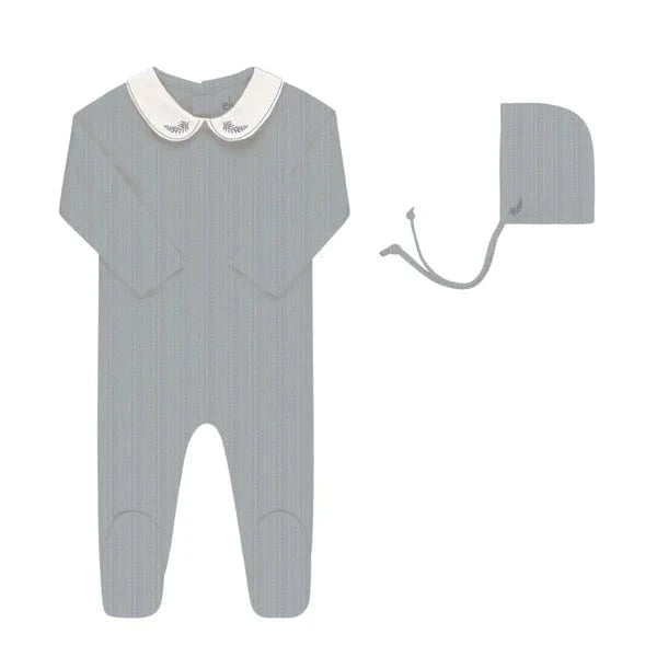 Ely's&Co. Footie Jellybeanzkids Elys Embroidered Collar Footie + Bonnet - Blue Leaf