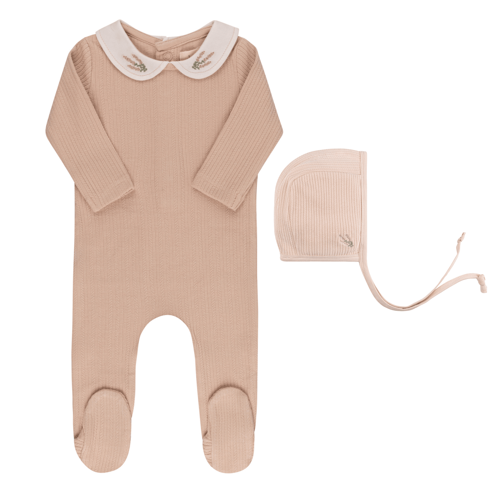 Ely's&Co. Footie Jellybeanzkids Elys Embroidered Collar Footie + Bonnet - Pink Heather