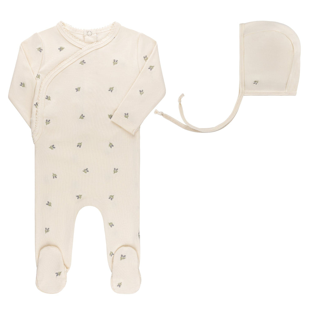 Ely's&Co. Footie Jellybeanzkids Elys Embroidered Tulip Footie + Bonnet -  Ivory Berry