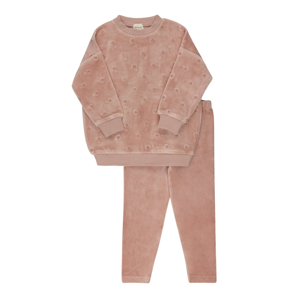 Ely's&Co. Pajamas Jellybeanzkids Ely's Velour Embroidered Floral Lounge Set- Pink