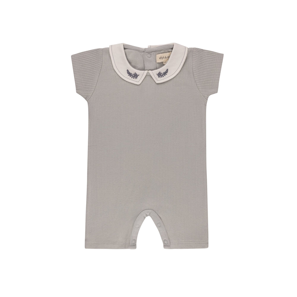 Ely's&Co. Romper Jellybeanzkids Elys Embroidered Collar Romper - Blue Leaf