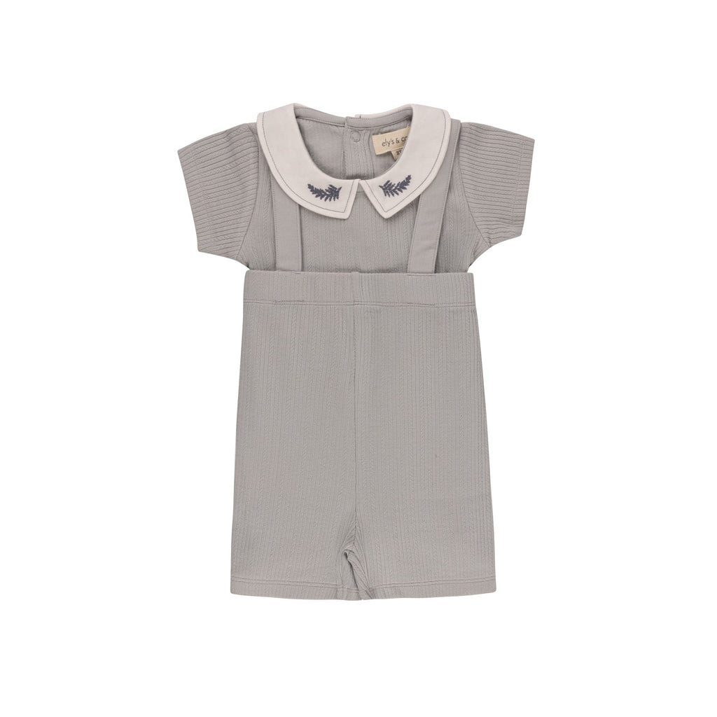 Ely's&Co. Set Jellybeanzkids Elys Embroidered Collar Overall Set - Blue Leaf
