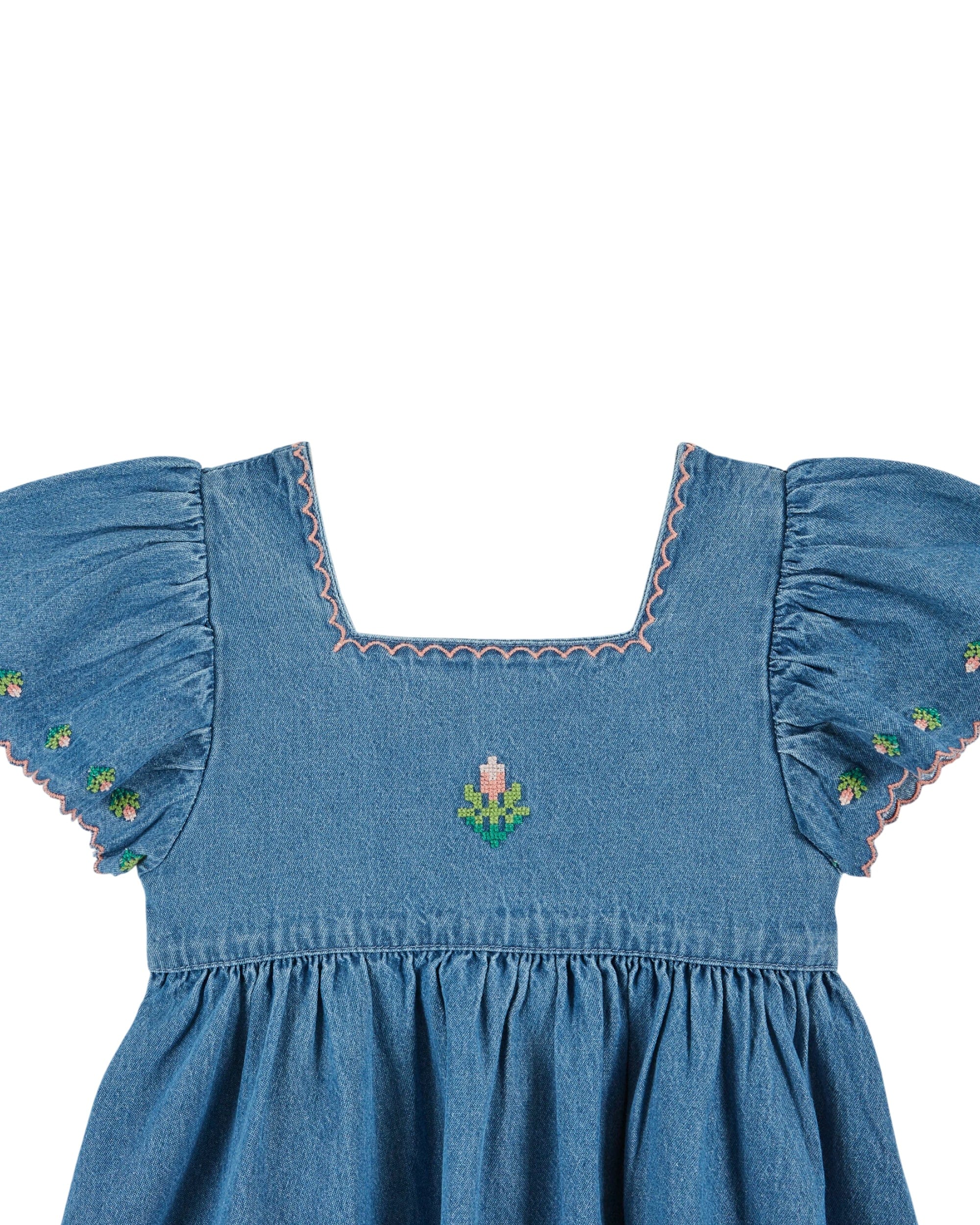 Emile Et Ida Imprimee Brodee Dress-Denim – JellyBeanz Kids