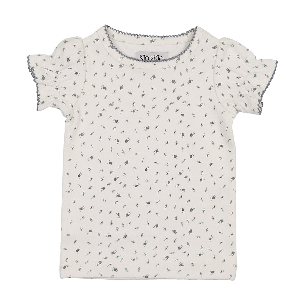 Kin+Kin T-shirt Jellybeanzkids Kin+Kin Floral Puffed Short Sleeve Ribbed T-Shirt- Blue Floral