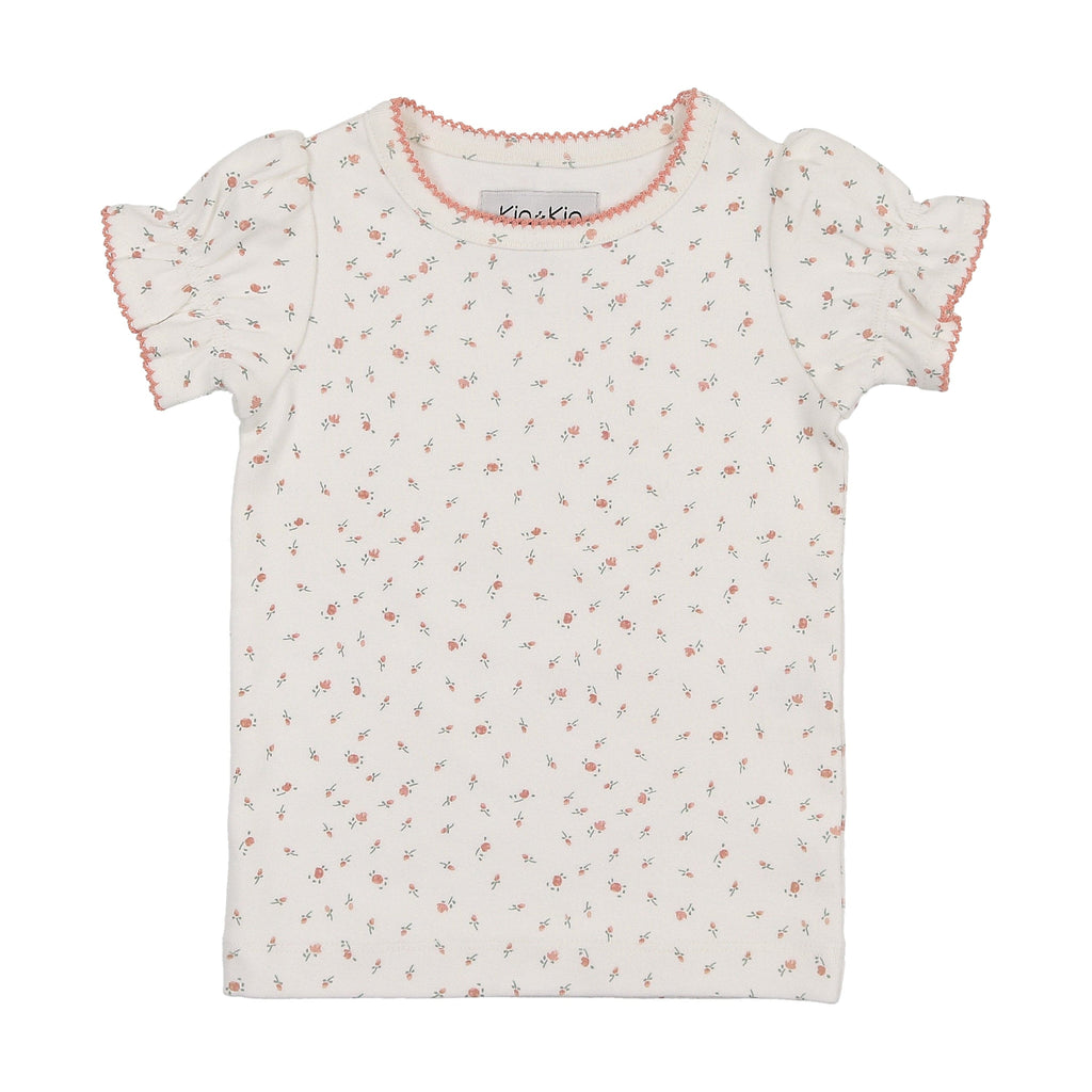 Kin+Kin T-shirt Jellybeanzkids Kin+Kin Floral Puffed Short Sleeve Ribbed T-Shirt- Pink Floral