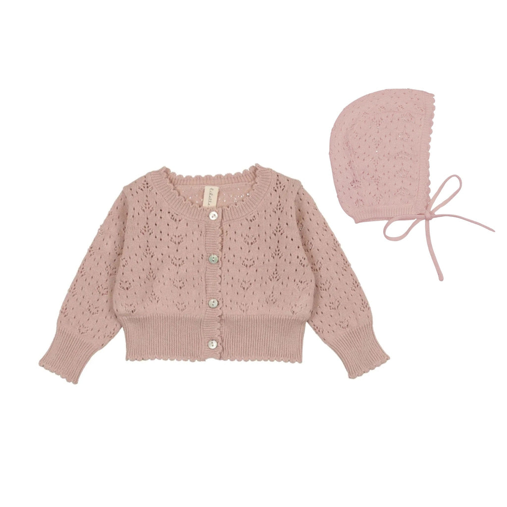 Lilette by Lil Legs bonnet Jellybeanzkids Lilette Heart Open Knit Bonnet & Cardigan Set- Pink