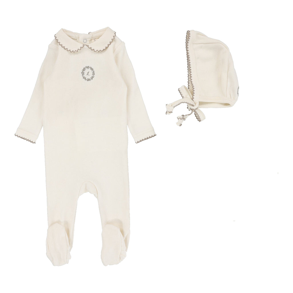 Lilette by Lil Legs Footie Jellybeanzkids Lilette Emblem Embroidered Footie Set - Cream/Oat