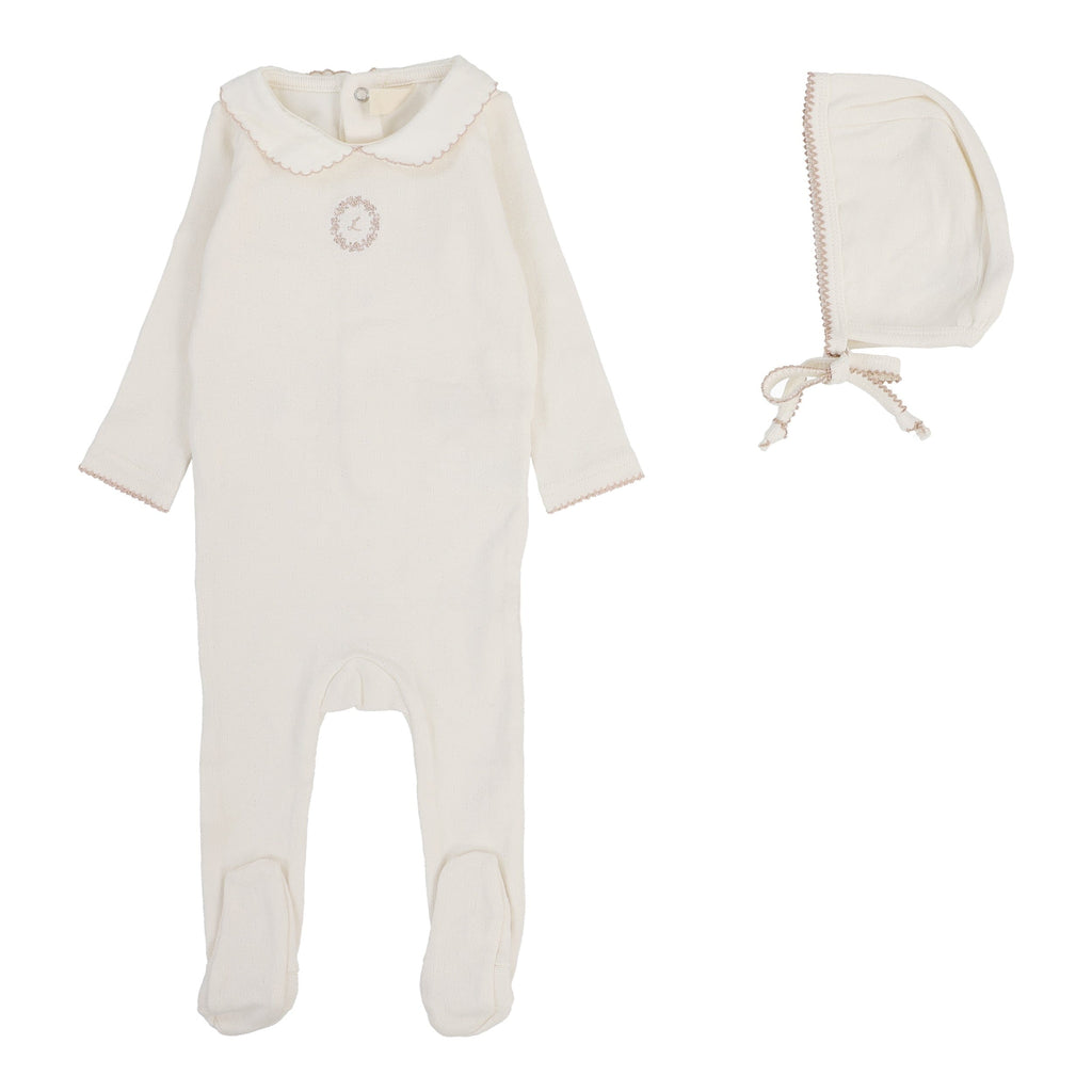 Lilette by Lil Legs Footie Jellybeanzkids Lilette Emblem Embroidered Footie Set - Cream/Pink