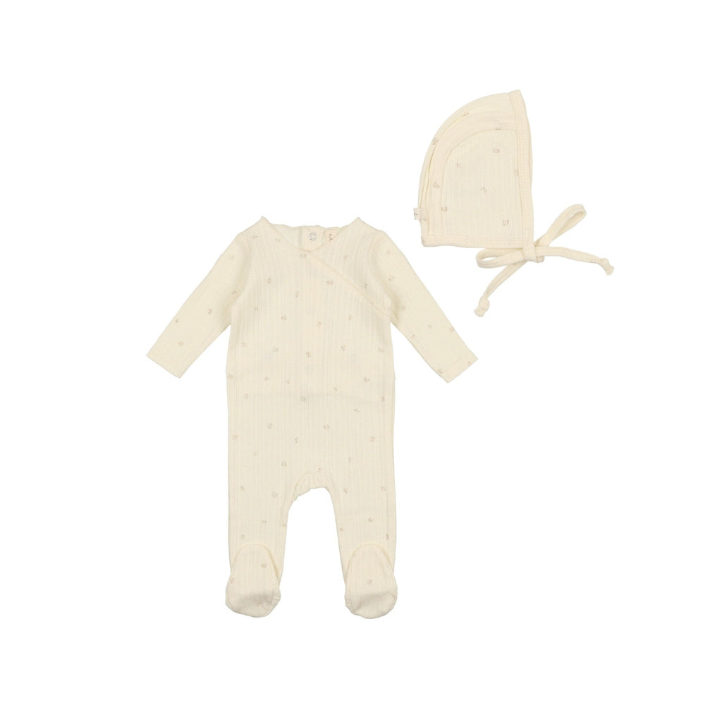 Lilette by Lil Legs Footie Jellybeanzkids Lilette Pointelle Footie with Bonnet- Cream/Sand