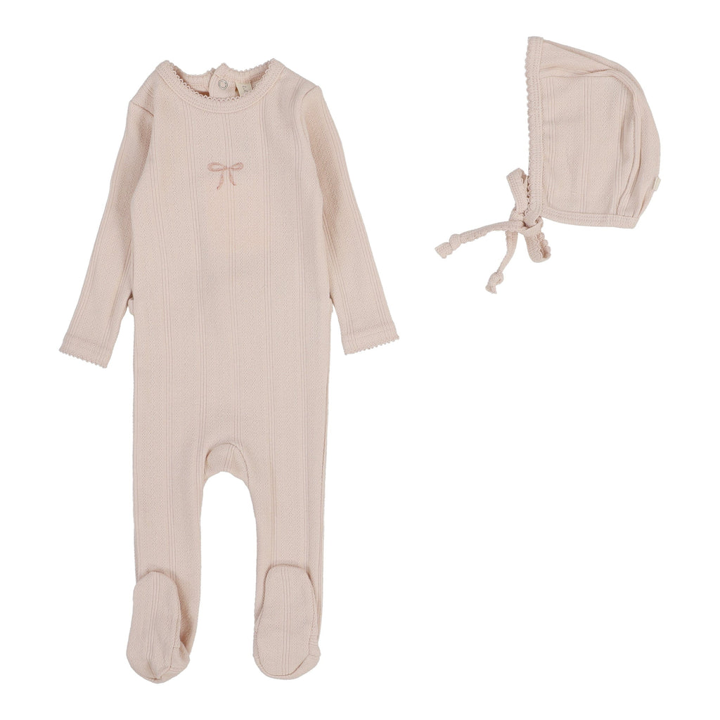 Lilette by Lil Legs Footie Jellybeanzkids Lilette Pointelle Graphic Footie Set - Soft Pink Bow