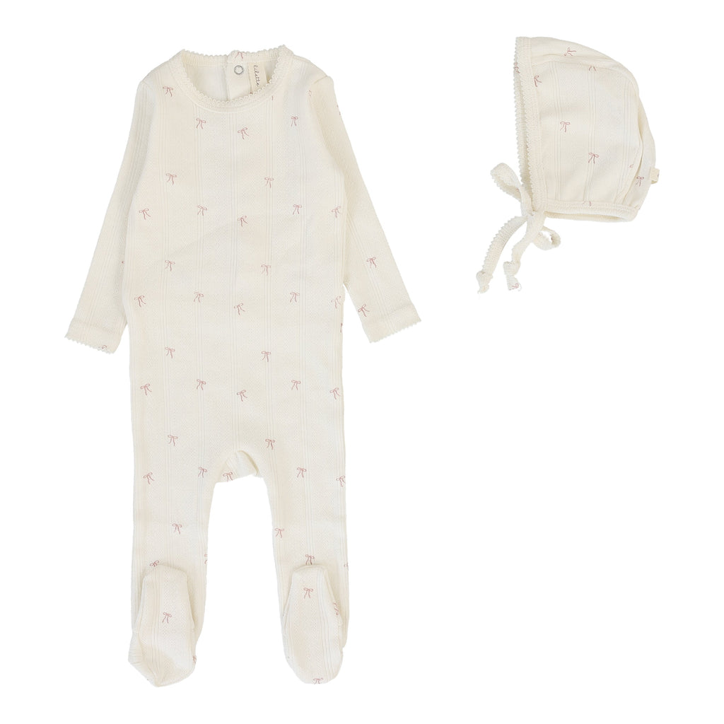 Lilette by Lil Legs Footie Jellybeanzkids Lilette Printed Pointelle Footie Set - Cream/Pink Bow