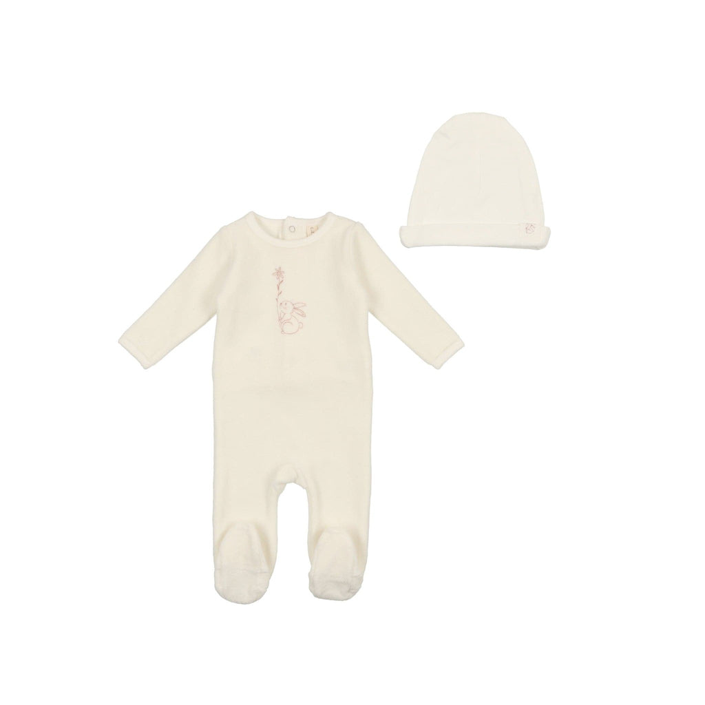 Lilette by Lil Legs Footie Jellybeanzkids Lilette Velour Bunny Footie and Beanie- White w/ Flower