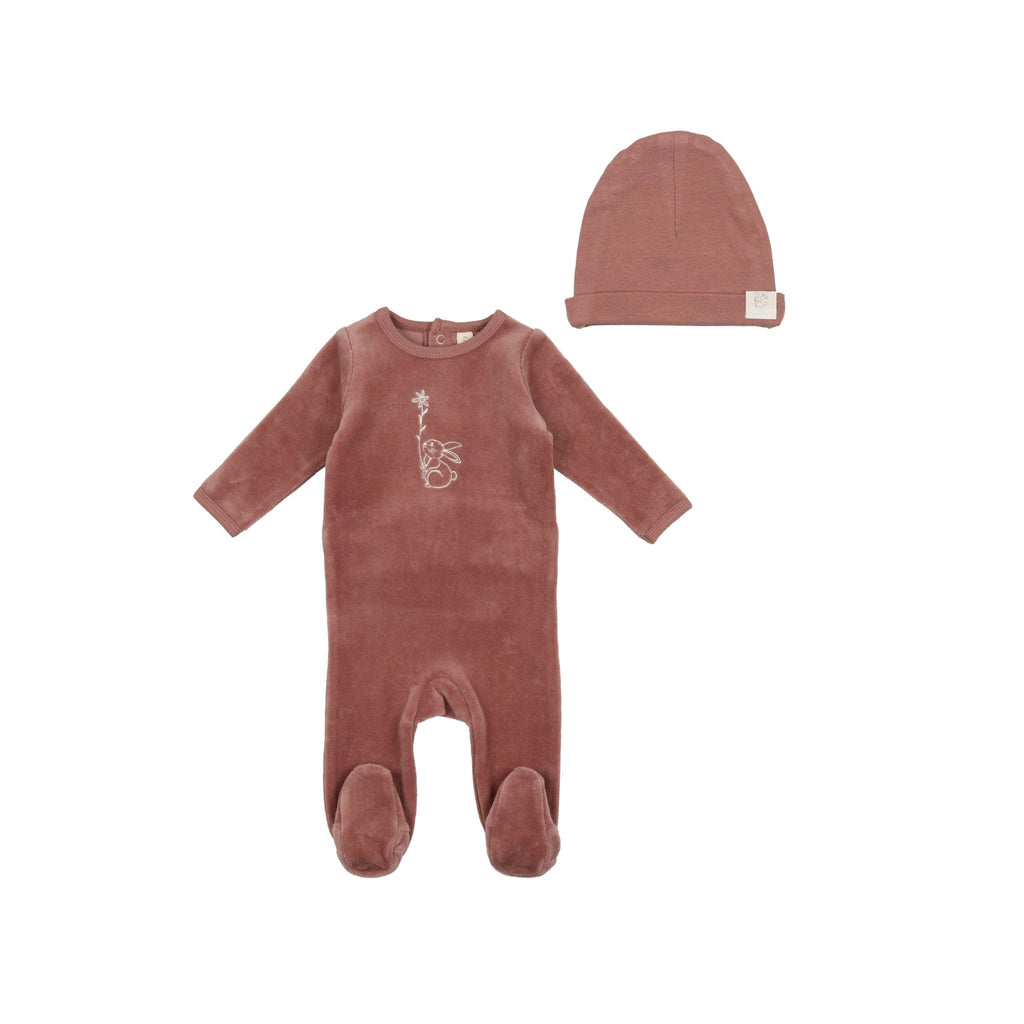 Lilette by Lil Legs Footie Jellybeanzkids Lilette Velour Bunny Footie- Rosewood w/ Flower