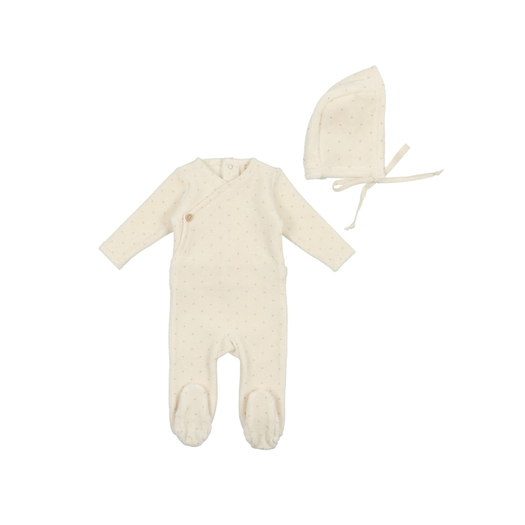 Lilette by Lil Legs Footie Jellybeanzkids Lilette Velour Button Footie with Bonnet- Cream/Taupe Dot