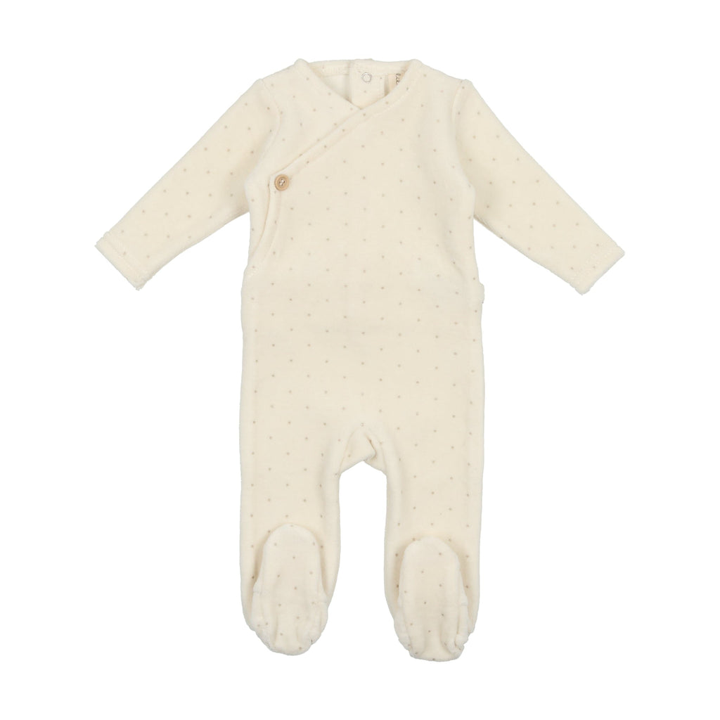 Lilette by Lil Legs Footie Jellybeanzkids Lilette Velour Button Footie with Bonnet- Cream/Taupe Dot