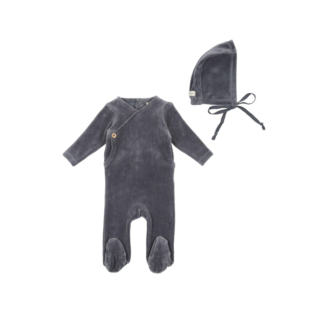 Lilette by Lil Legs Footie Jellybeanzkids Lilette Velour Button Footie with Bonnet- Slate