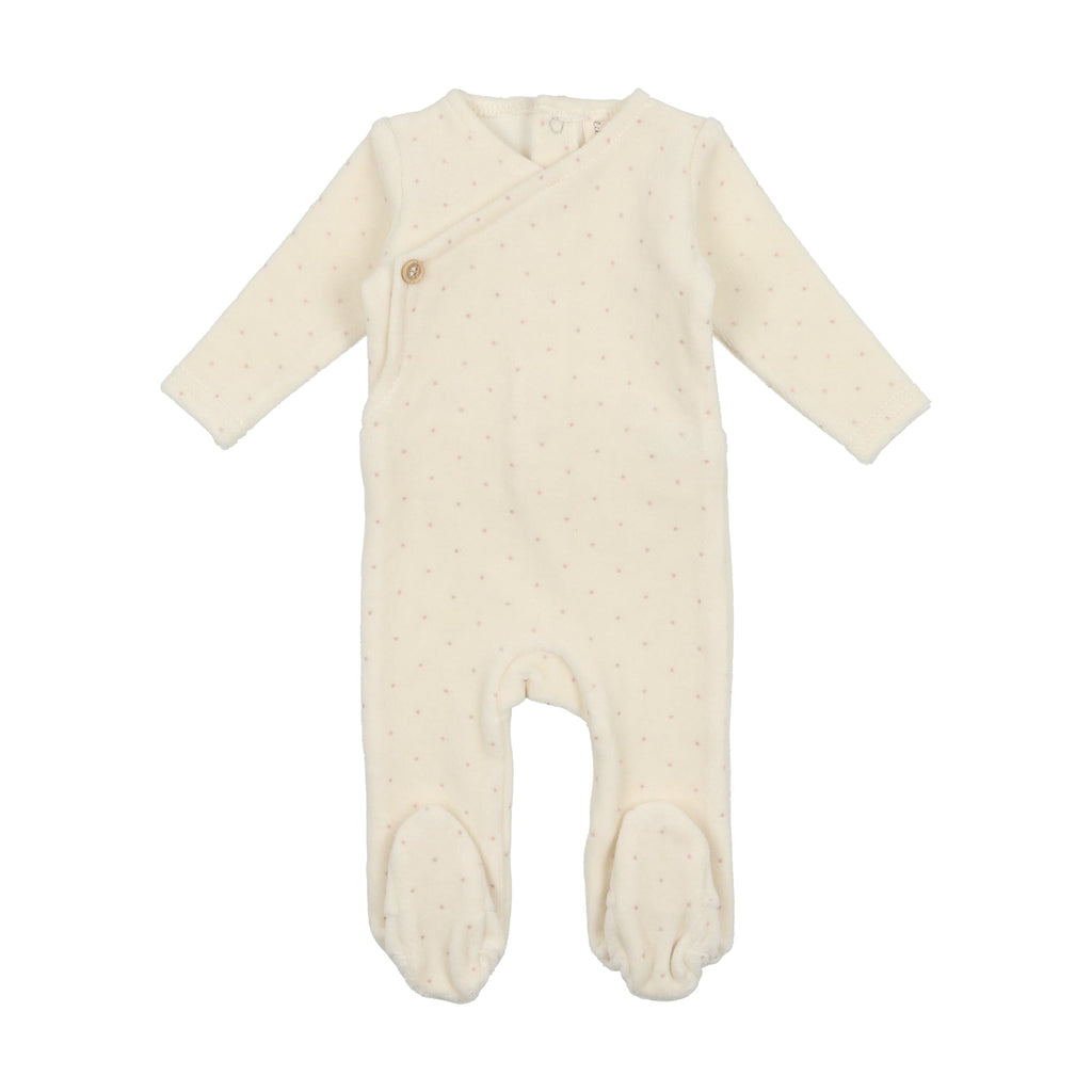 Lilette by Lil Legs Footie Jellybeanzkids Lilette Velour Button Wrap Footie with Bonnet- Cream/Pink Dot