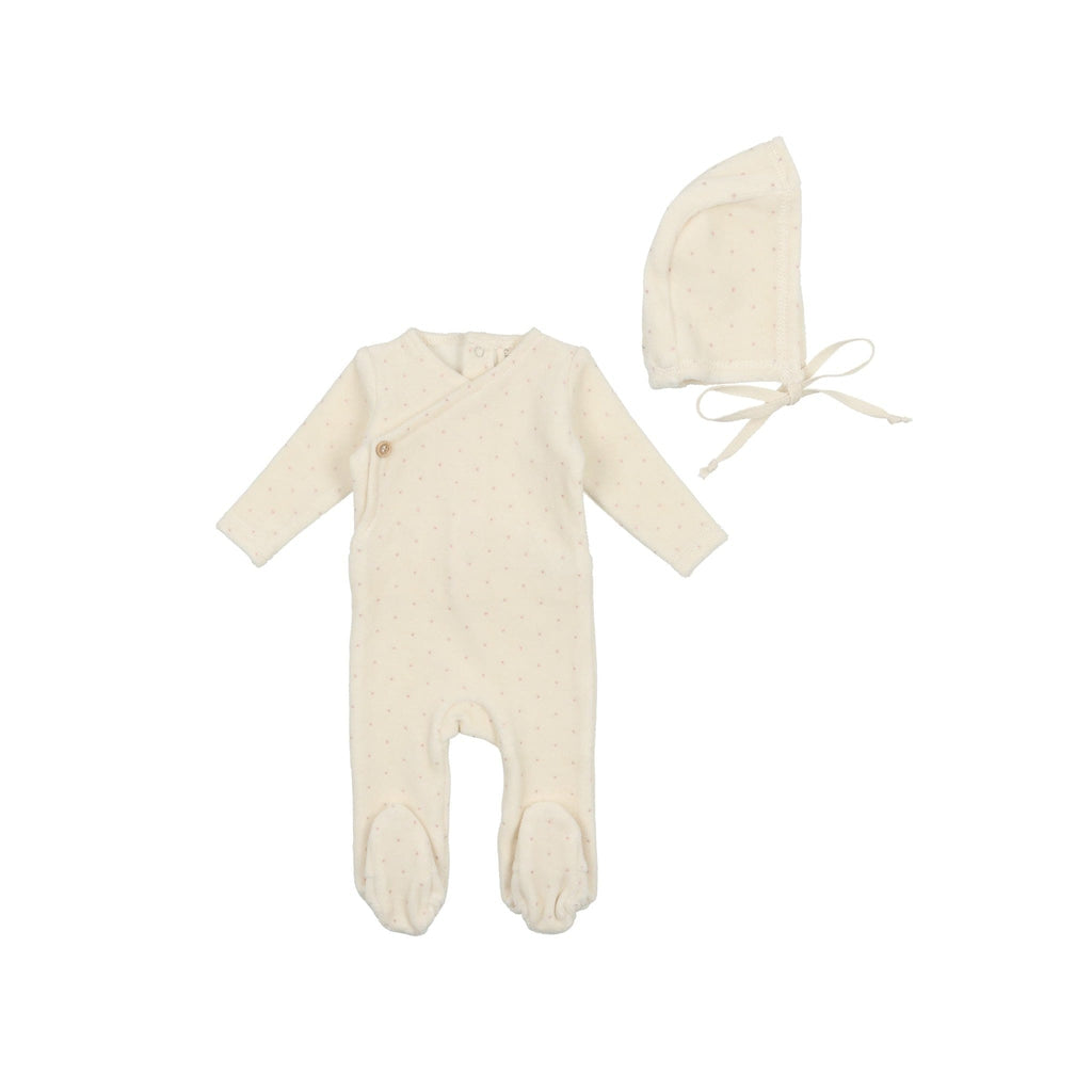 Lilette by Lil Legs Footie Jellybeanzkids Lilette Velour Button Wrap Footie with Bonnet- Cream/Pink Dot