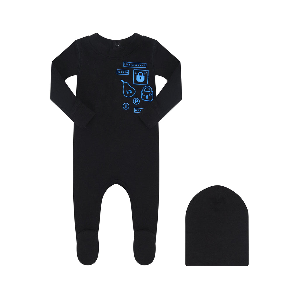 Little Parni Footie Jellybeanzkids Little Parni Multi Patch Footie-Black/Blue Patch