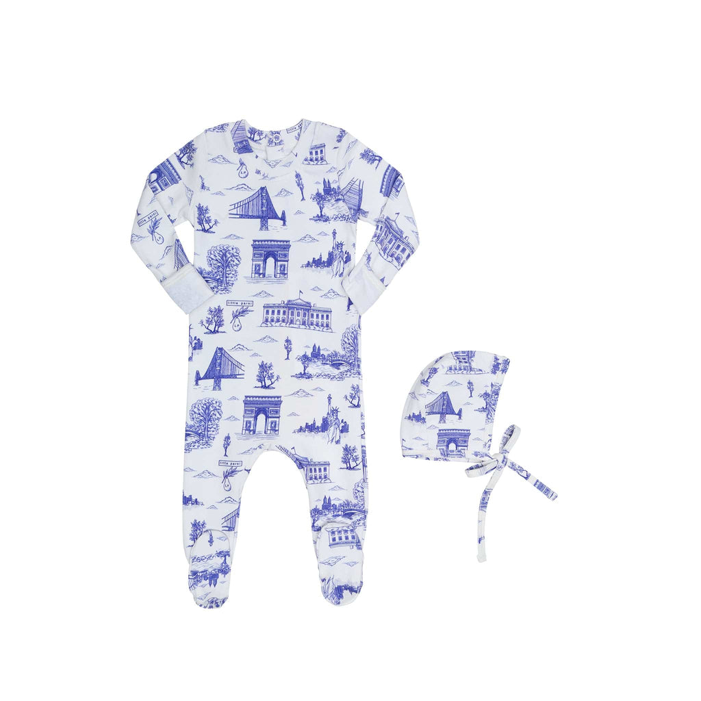 Little Parni footie Jellybeanzkids Little Parni Toile Footie- Ivory/Blue