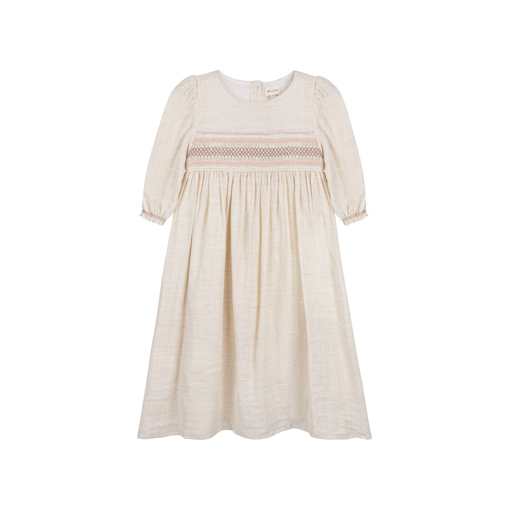 Looms Dress Jellybeanzkids Looms 3/4 Sleeve Smocked Linen Dress - Natural
