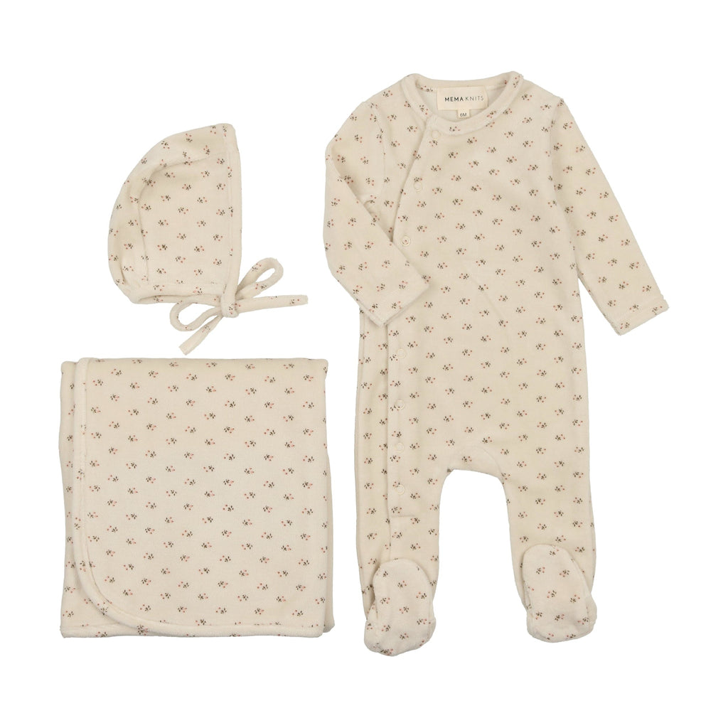 Mema Knits Footie Jellybeanzkids Mema Knits Floral Bud Layette Set- Printed Pink