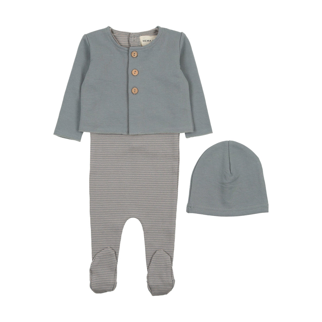 Mema Knits Footie Jellybeanzkids Mema Knits Striped Footie With Cardigan +Beanie-Dove/Oatmeal