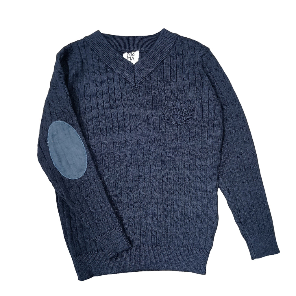 Noma Sweater Jellybeanzkids Noma Vneck Cable Knit Elbow Patch Sweater-Navy