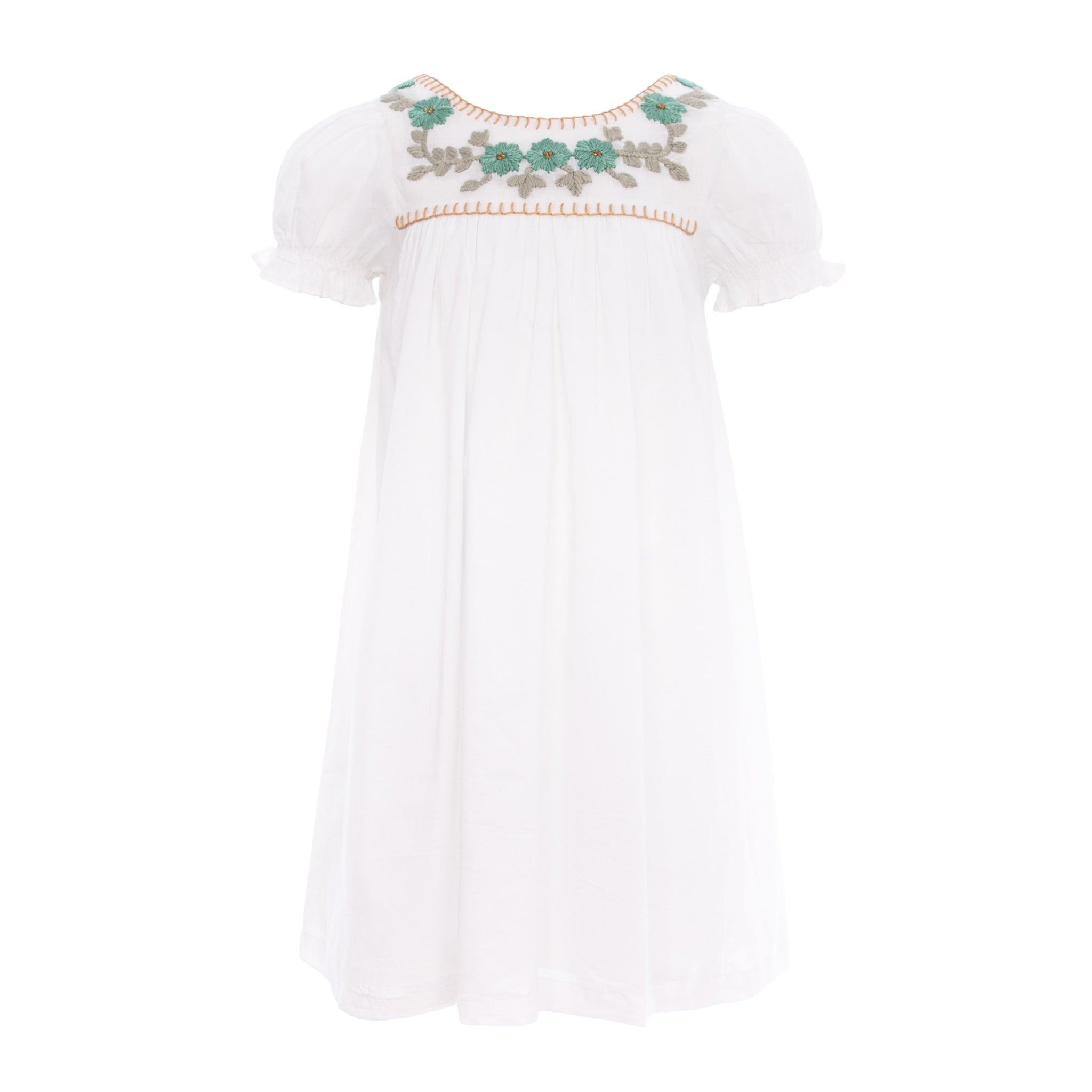 Pernille Embroidered Blue Flowers White Dress JellyBeanz Kids Pernille Embroidered Blue Flowers White Dress JellyBeanz Kids