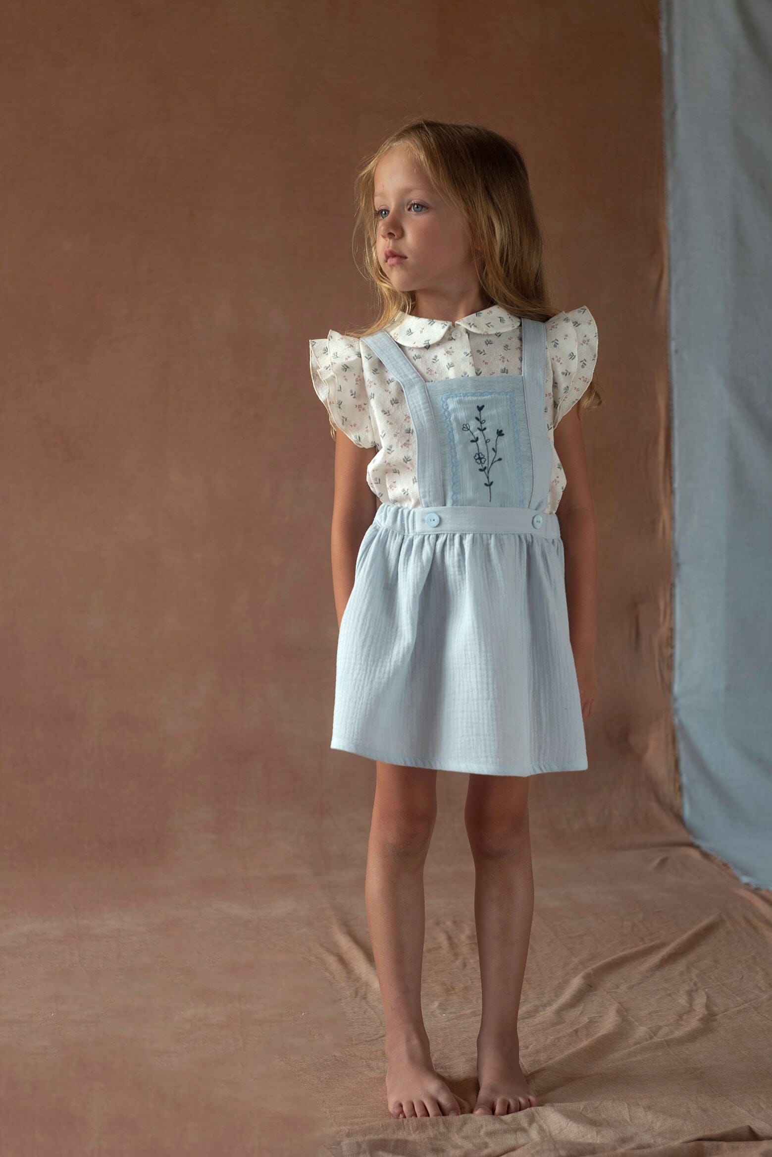 Popelin Blue Short skirt with Embroidered Bib- Blue 3-4 Popelin Blue Short skirt with Embroidered Bib- Blue 3-4