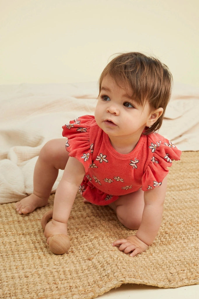 Sproet & Sprout Romper Jellybeanzkids Sproet Daisy Ruffle Terry Romper- Rose Petal