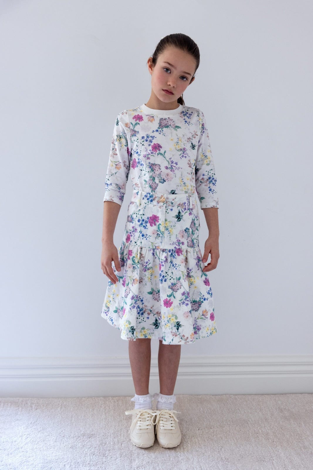 steph denim dress Steph Light Denim Embroidered Dot Elbow Sleeve Dress