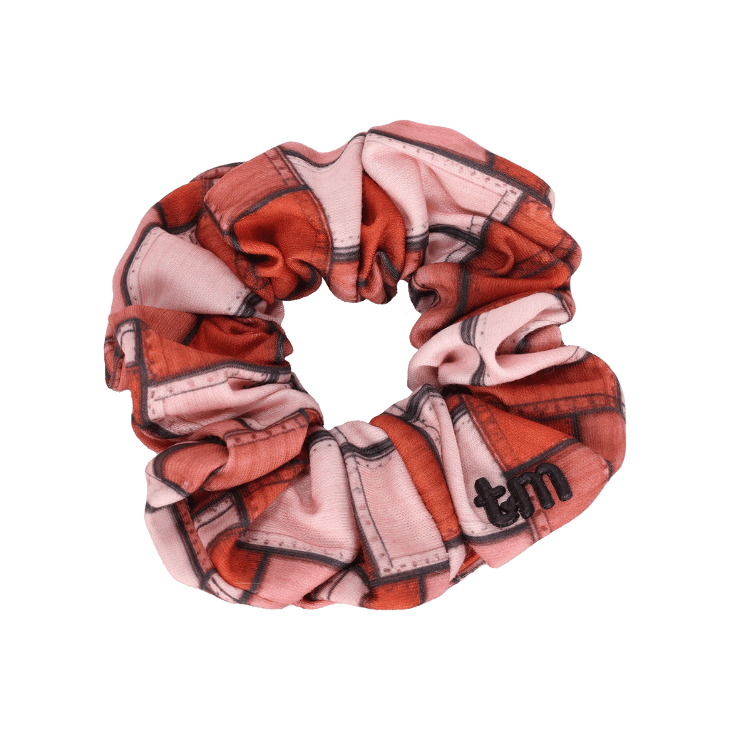 Tis Me Accessories Jellybeanzkids Tis Me Denim Patchwork Standard Scrunchie- Red One Size