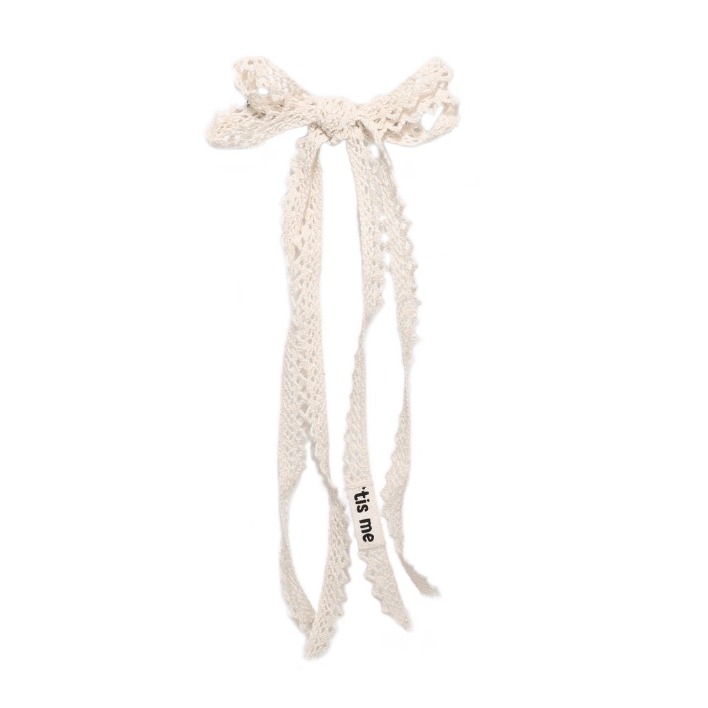 Tis Me Accessories Jellybeanzkids Tis Me Long Tail Double Bow Clip Linen And lace Collection- Cream One Size